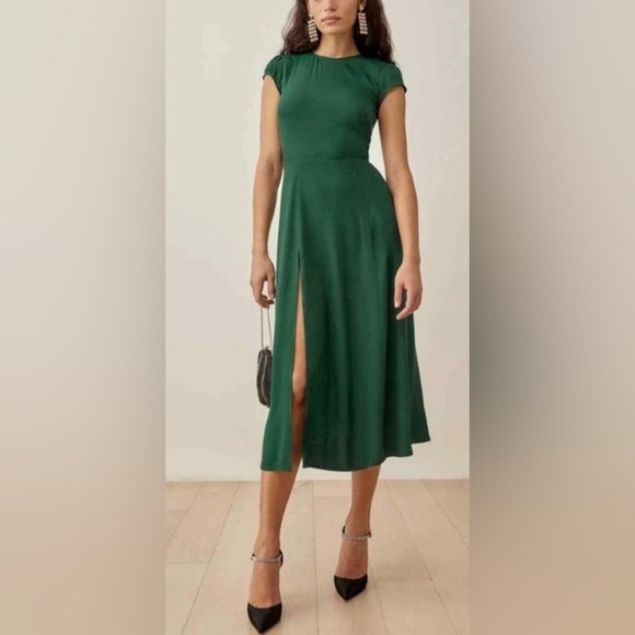 Reformation sz 4 Gavin Dress Elegant Emerald Green opens back detail great cond - Picture 2 of 14